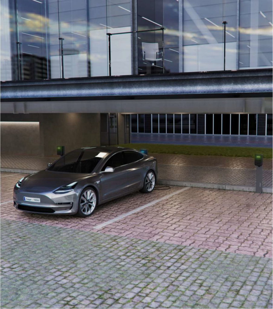 Veículo elétrico ligado a um posto de carregamento num estacionamento junto a um edifício