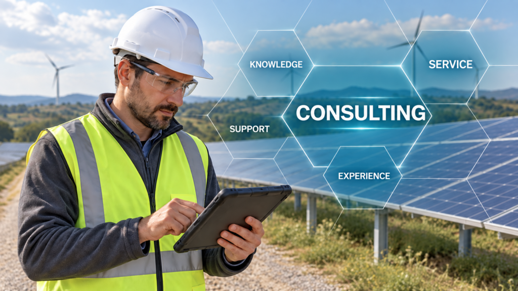 Ilustração de consultoria eletrotécnica: engenheiro com EPI junto a painéis solares e turbinas eólicas, com a palavra Consulting