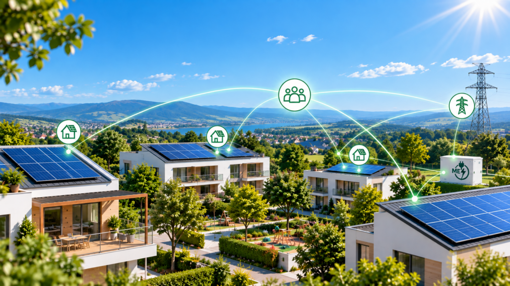 Comunidade energética com painéis solares e venda de excedente de energia