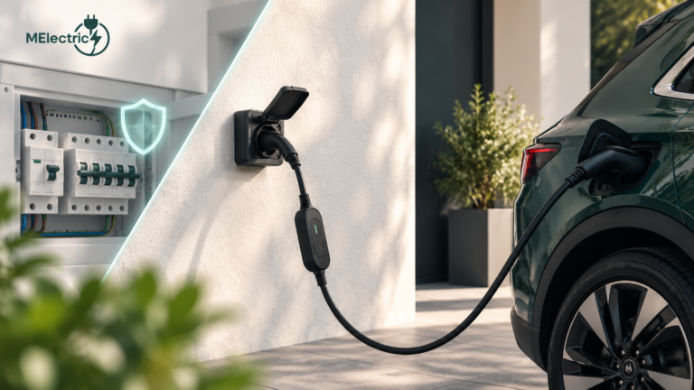 Proteção diferencial VE com carregador portátil ligado a tomada e quadro elétrico